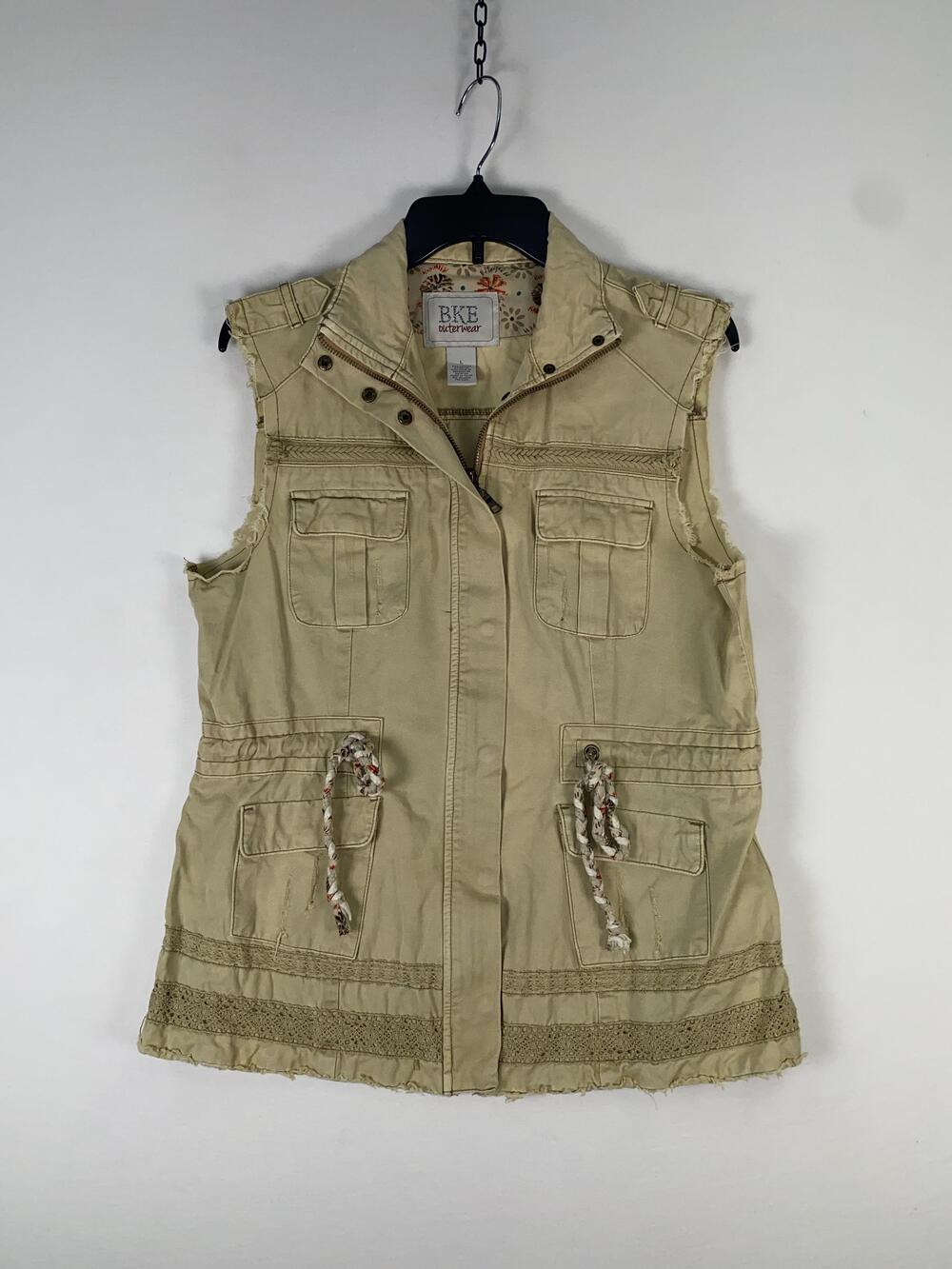BKE Vest Womens Large Beige Lace Trim Utility Full Zip Pockets Lined Twill